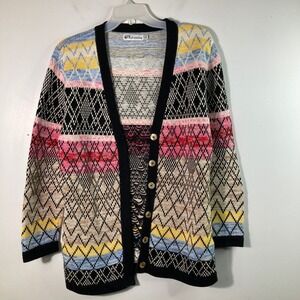 Womens Go Fish Knit Cardigan Multicolored Black Blue Red‎ L Cotton